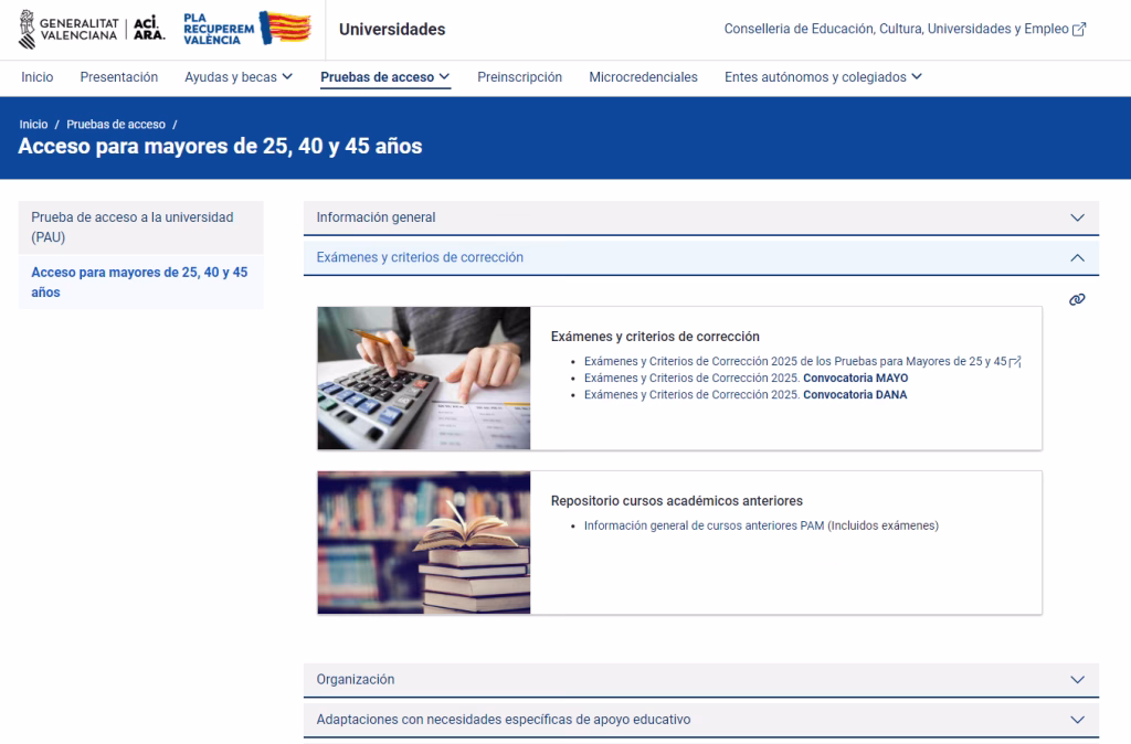 Pruebas de acceso a la universidad para mayores de 25 en la Comunidad Valenciana